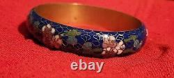 Vintage CHINESE Cloisonne Royal Blue Enamel Flowers & Blackbird Bangle Bracelet