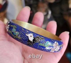 Vintage CHINESE Cloisonne Royal Blue Enamel Flowers & Blackbird Bangle Bracelet