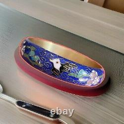 Vintage CHINESE Cloisonne Royal Blue Enamel Flowers & Blackbird Bangle Bracelet