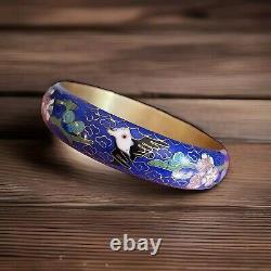 Vintage CHINESE Cloisonne Royal Blue Enamel Flowers & Blackbird Bangle Bracelet