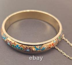 Vintage Champleve/Closinne Silver Bangle Gold Tone Enamel Blue Birds & Flowers