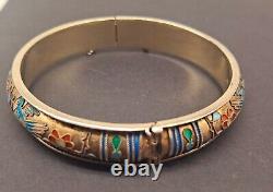 Vintage Champleve/Closinne Silver Bangle Gold Tone Enamel Blue Birds & Flowers