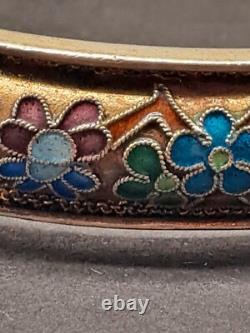 Vintage Champleve/Closinne Silver Bangle Gold Tone Enamel Blue Birds & Flowers