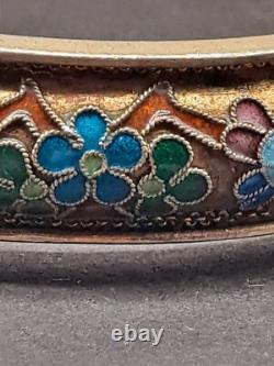 Vintage Champleve/Closinne Silver Bangle Gold Tone Enamel Blue Birds & Flowers