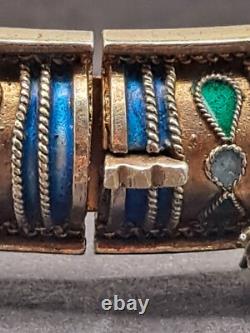 Vintage Champleve/Closinne Silver Bangle Gold Tone Enamel Blue Birds & Flowers
