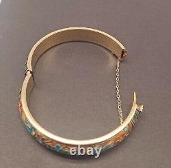 Vintage Champleve/Closinne Silver Bangle Gold Tone Enamel Blue Birds & Flowers