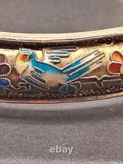 Vintage Champleve/Closinne Silver Bangle Gold Tone Enamel Blue Birds & Flowers