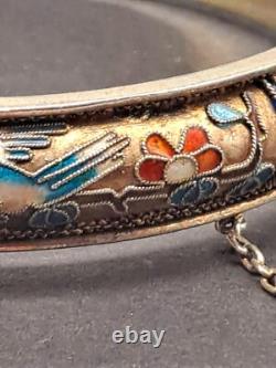 Vintage Champleve/Closinne Silver Bangle Gold Tone Enamel Blue Birds & Flowers