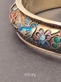 Vintage Champleve/Closinne Silver Bangle Gold Tone Enamel Blue Birds & Flowers