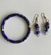 Vintage Chinese Blue Cloisonne Enamel Flowers Hinged Bangle Bracelet & Earrings