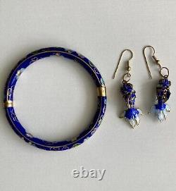 Vintage Chinese Blue Cloisonne Enamel Flowers Hinged Bangle Bracelet & Earrings