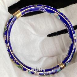 Vintage Chinese Blue Cloisonne Enamel Flowers Hinged Bangle Bracelet & Earrings