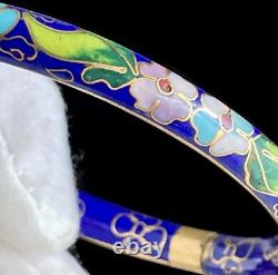Vintage Chinese Blue Cloisonne Enamel Flowers Hinged Bangle Bracelet & Earrings