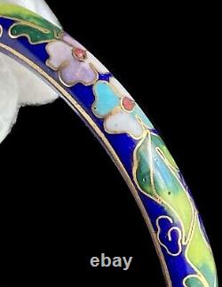 Vintage Chinese Blue Cloisonne Enamel Flowers Hinged Bangle Bracelet & Earrings