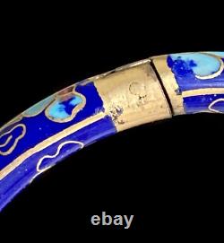 Vintage Chinese Blue Cloisonne Enamel Flowers Hinged Bangle Bracelet & Earrings