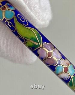 Vintage Chinese Blue Cloisonne Enamel Flowers Hinged Bangle Bracelet & Earrings