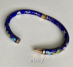 Vintage Chinese Blue Cloisonne Enamel Flowers Hinged Bangle Bracelet & Earrings