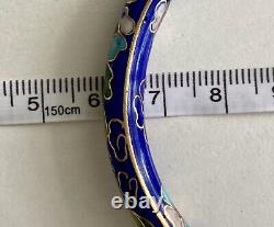 Vintage Chinese Blue Cloisonne Enamel Flowers Hinged Bangle Bracelet & Earrings