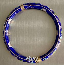 Vintage Chinese Blue Cloisonne Enamel Flowers Hinged Bangle Bracelet & Earrings