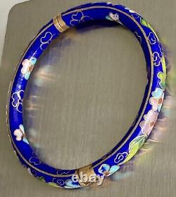 Vintage Chinese Blue Cloisonne Enamel Flowers Hinged Bangle Bracelet & Earrings