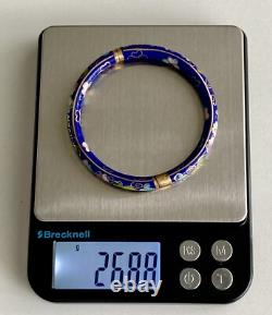 Vintage Chinese Blue Cloisonne Enamel Flowers Hinged Bangle Bracelet & Earrings