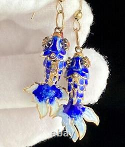 Vintage Chinese Blue Cloisonne Enamel Flowers Hinged Bangle Bracelet & Earrings