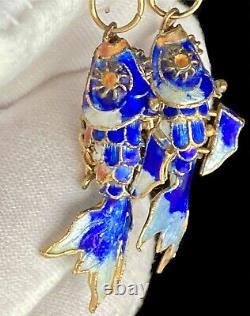 Vintage Chinese Blue Cloisonne Enamel Flowers Hinged Bangle Bracelet & Earrings