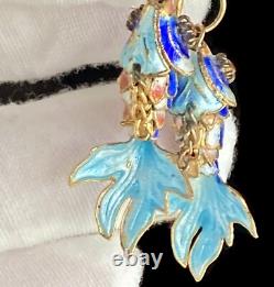 Vintage Chinese Blue Cloisonne Enamel Flowers Hinged Bangle Bracelet & Earrings