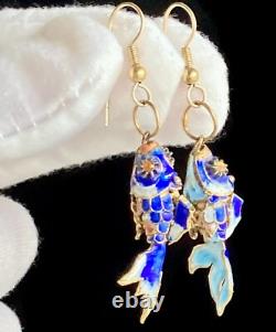 Vintage Chinese Blue Cloisonne Enamel Flowers Hinged Bangle Bracelet & Earrings