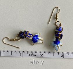 Vintage Chinese Blue Cloisonne Enamel Flowers Hinged Bangle Bracelet & Earrings