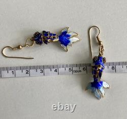 Vintage Chinese Blue Cloisonne Enamel Flowers Hinged Bangle Bracelet & Earrings