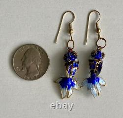 Vintage Chinese Blue Cloisonne Enamel Flowers Hinged Bangle Bracelet & Earrings