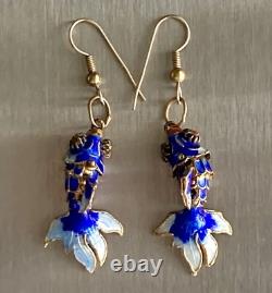 Vintage Chinese Blue Cloisonne Enamel Flowers Hinged Bangle Bracelet & Earrings