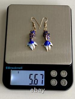 Vintage Chinese Blue Cloisonne Enamel Flowers Hinged Bangle Bracelet & Earrings