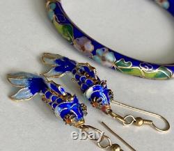 Vintage Chinese Blue Cloisonne Enamel Flowers Hinged Bangle Bracelet & Earrings