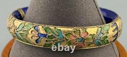 Vintage Chinese Cloisonné Enamel Hinged Bangle Bracelet Blue Interior Brass 43g