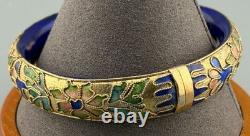 Vintage Chinese Cloisonné Enamel Hinged Bangle Bracelet Blue Interior Brass 43g