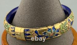 Vintage Chinese Cloisonné Enamel Hinged Bangle Bracelet Blue Interior Brass 43g