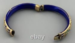 Vintage Chinese Cloisonné Enamel Hinged Bangle Bracelet Blue Interior Brass 43g