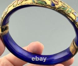 Vintage Chinese Cloisonné Enamel Hinged Bangle Bracelet Blue Interior Brass 43g