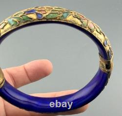 Vintage Chinese Cloisonné Enamel Hinged Bangle Bracelet Blue Interior Brass 43g