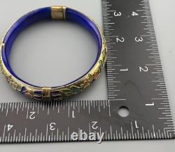 Vintage Chinese Cloisonné Enamel Hinged Bangle Bracelet Blue Interior Brass 43g