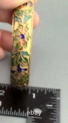 Vintage Chinese Cloisonné Enamel Hinged Bangle Bracelet Blue Interior Brass 43g