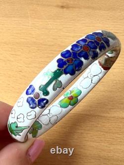 Vintage Chinese Cloisonné Enamel Hinged Bangle Bracelet White Blue Green Floral