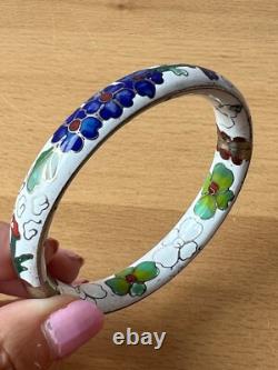 Vintage Chinese Cloisonné Enamel Hinged Bangle Bracelet White Blue Green Floral