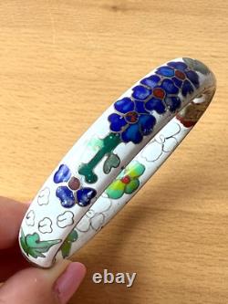 Vintage Chinese Cloisonné Enamel Hinged Bangle Bracelet White Blue Green Floral