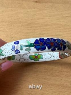 Vintage Chinese Cloisonné Enamel Hinged Bangle Bracelet White Blue Green Floral
