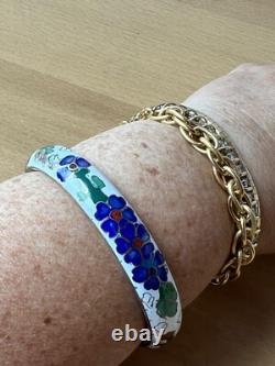 Vintage Chinese Cloisonné Enamel Hinged Bangle Bracelet White Blue Green Floral