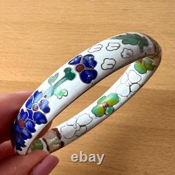 Vintage Chinese Cloisonné Enamel Hinged Bangle Bracelet White Blue Green Floral