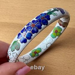 Vintage Chinese Cloisonné Enamel Hinged Bangle Bracelet White Blue Green Floral